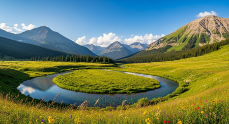 Mountain river in the grassland. Panoramic view.の写真素材