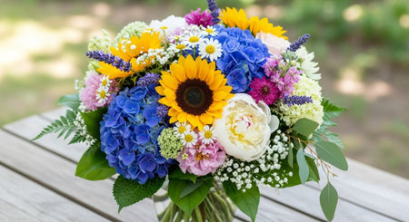 Bridal bouquet with sunflowers and hydrangeasの写真素材