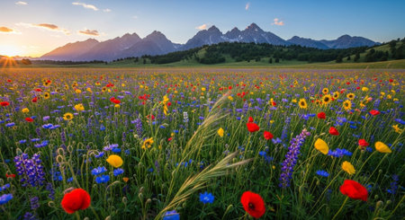 Meadow with poppies and cornflowers in front of the mountainsの写真素材