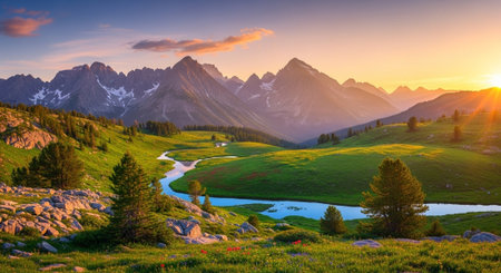 Sunset in the mountains. Summer landscape. The concept of active and photo tourismの写真素材