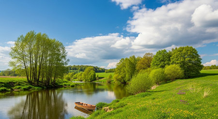 Spring landscape with river, green meadow and blue sky with clouds