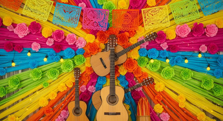 Colorful paper garland with guitar and candle on wooden background.の写真素材