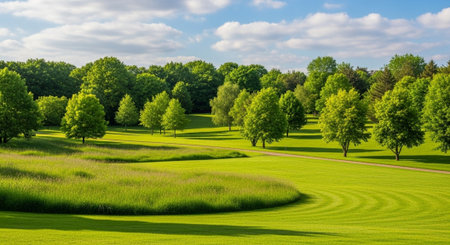 Panoramic view of a beautiful green meadow in springtimeの写真素材