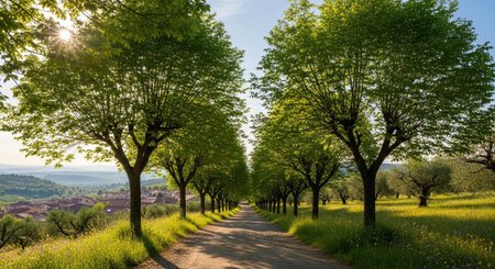 Alley of trees in a rural landscape in the springtime.の写真素材