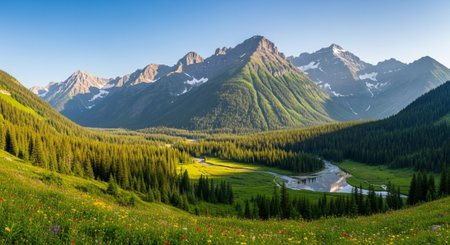 Panoramic view of the valley in the mountains. Summer landscape.の写真素材