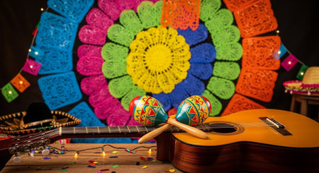 guitar and maracas on a table in front of a colorful background