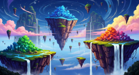 Fantasy landscape with waterfalls and planets. 3d illustration.の写真素材