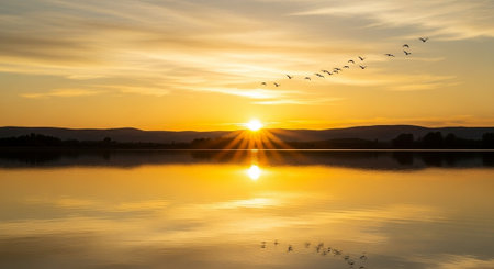 Beautiful sunset over the lake with seagulls flying in the skyの写真素材
