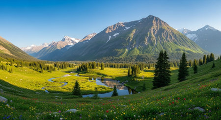 Panoramic view of beautiful alpine meadow and lake.の写真素材
