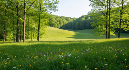 Beautiful spring landscape with green meadow and dandelions.の写真素材