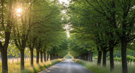 Country road through the green trees on a sunny day in spring.