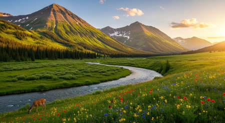 Scenic alpine landscape with wildflowers and river in the mountains at sunset