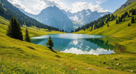 Panoramic view of idyllic alpine lake in Alps mountains