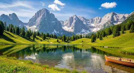 Beautiful alpine lake in Dolomites mountains, Italy.の写真素材