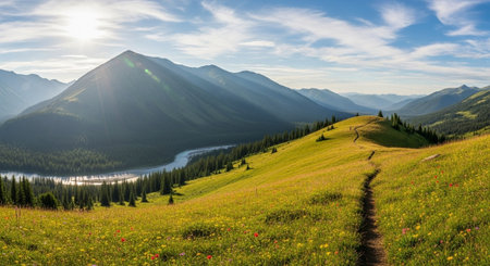 Mountain landscape with a path leading to the lake at sunset.