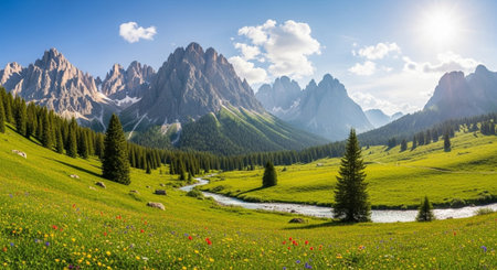 Fantastic panorama of the Dolomites. Picturesque spring landscape of Dolomites, Italyの写真素材