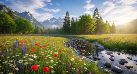 Mountain meadow with poppies and wildflowers.の写真素材