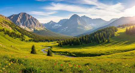 Panoramic view of beautiful alpine meadow with wildflowers and high mountains in background