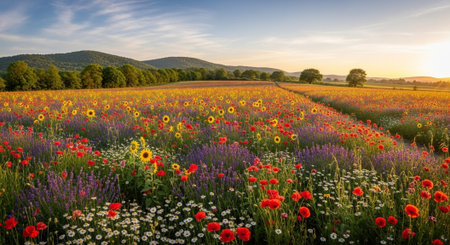 Sunset over a field of poppies and daisies