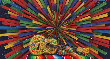 Mexican guitar on colorful background. 3D illustration. 3D CG. High resolution.