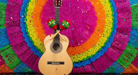 Mexican guitar and colorful paper umbrellas for a celebration.の写真素材