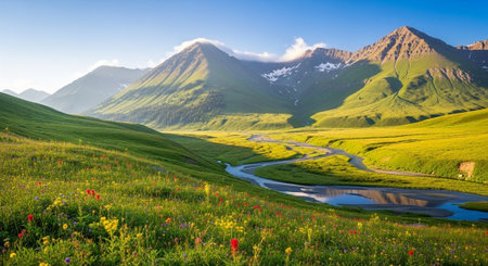 Panoramic view of alpine meadow with wildflowers and mountains in backgroundの写真素材