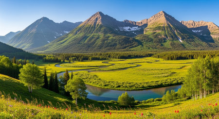 Scenic alpine landscape with lake, mountains and forest in summer