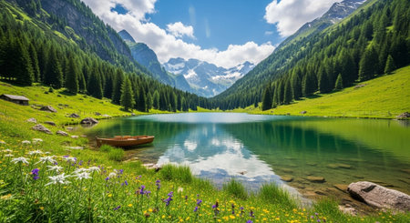 Panoramic view of lake in the Alps.の写真素材