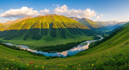 Panoramic view of the valley and the mountain lake.の写真素材