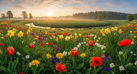 Colorful spring flowers in the meadow at sunrise, Netherlands.の写真素材