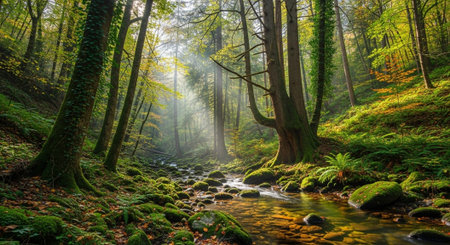 Autumn forest with colorful trees and stream, Bialowieza Forest, Poland