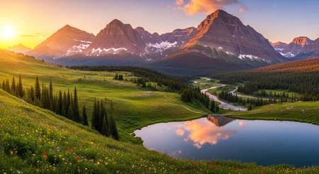 Sunset in Banff National Park, Alberta, Canada. Beautiful summer landscape with mountain lake.の写真素材