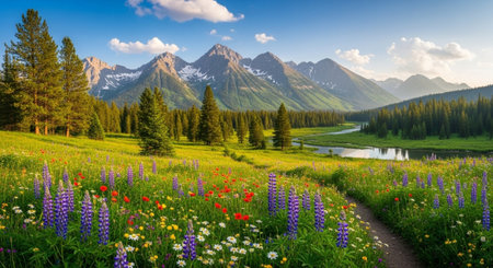 Panoramic view of mountain lake and meadow with flowers.の写真素材