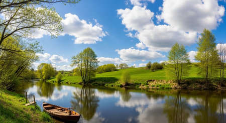 Beautiful spring landscape with a boat on the river in the countrysideの写真素材