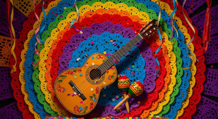 Mexican guitar and maracas on a colorful background, close up
