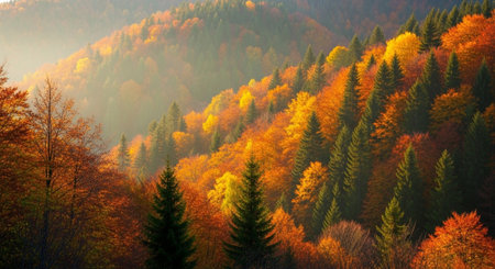 Autumn landscape with colorful forest and fog in mountains. Carpathian, Ukraineの写真素材