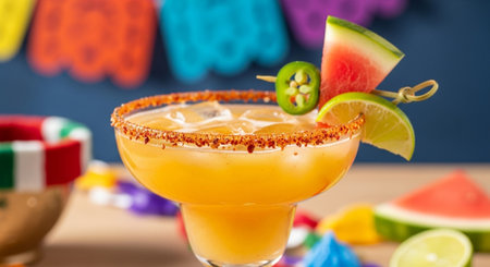 Tequila sunrise cocktail in margarita glass garnished with lime and pepper