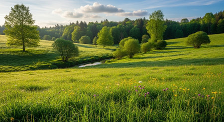 Green meadow with trees and flowers at sunset in springtime.の写真素材
