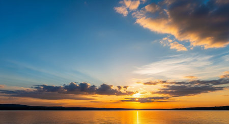 Sunset over the lake in summer, panoramic view.の写真素材