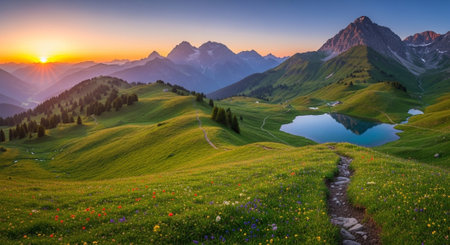 Panoramic view of alpine meadow with wildflowers at sunsetの写真素材