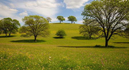 Spring meadow with trees and flowers, panoramic view.の写真素材