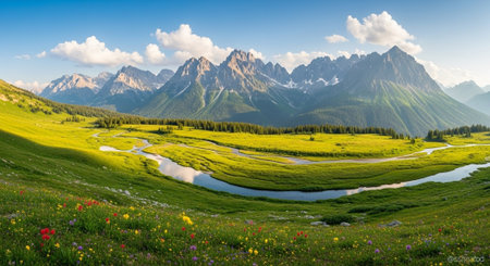 panoramic view of alpine meadow with wild flowers and mountains in backgroundの写真素材