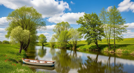 Beautiful spring landscape with a boat on the river and green treesの写真素材
