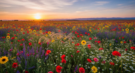 Sunset over a field of poppies and daisiesの写真素材