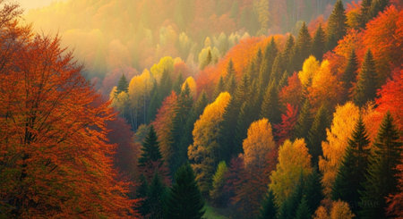 Colorful autumn forest in the morning. Landscape with colorful forest.の写真素材