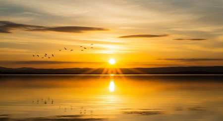 Sunset over the lake with a flock of birds flying in the skyの写真素材