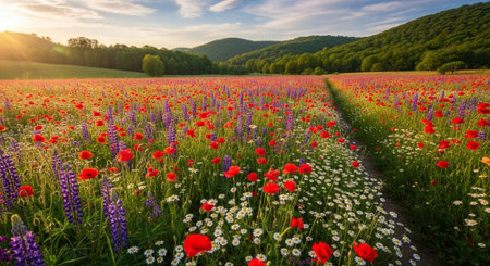 Beautiful meadow with poppies and daisies at sunset
