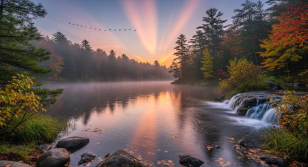 Foggy sunrise over a lake in autumn, with fall colors.の写真素材