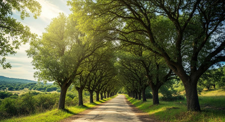 Avenue of oak trees in the evening light. Summer landscape.の写真素材
