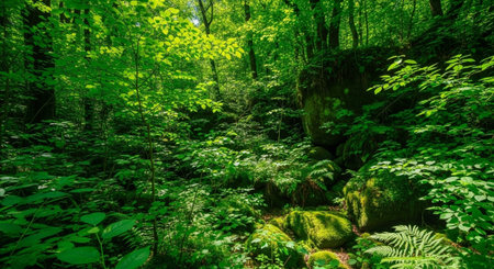 beautiful green forest in the morning, soft focus, long exposureの写真素材